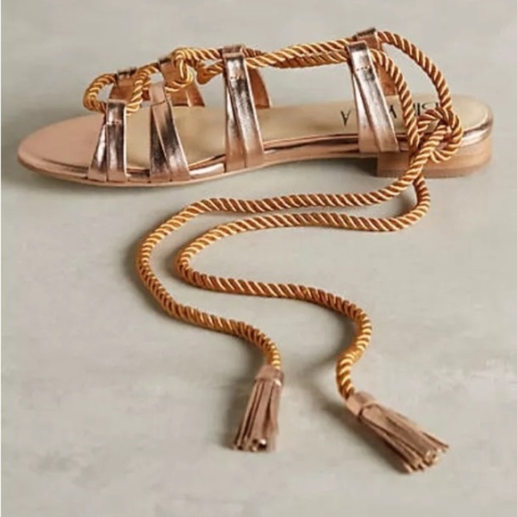 Anthropologie BILLY ELLA Lucerna Metallic Gold Leather Gladiator Tie Sandals 8 - Picture 4 of 12